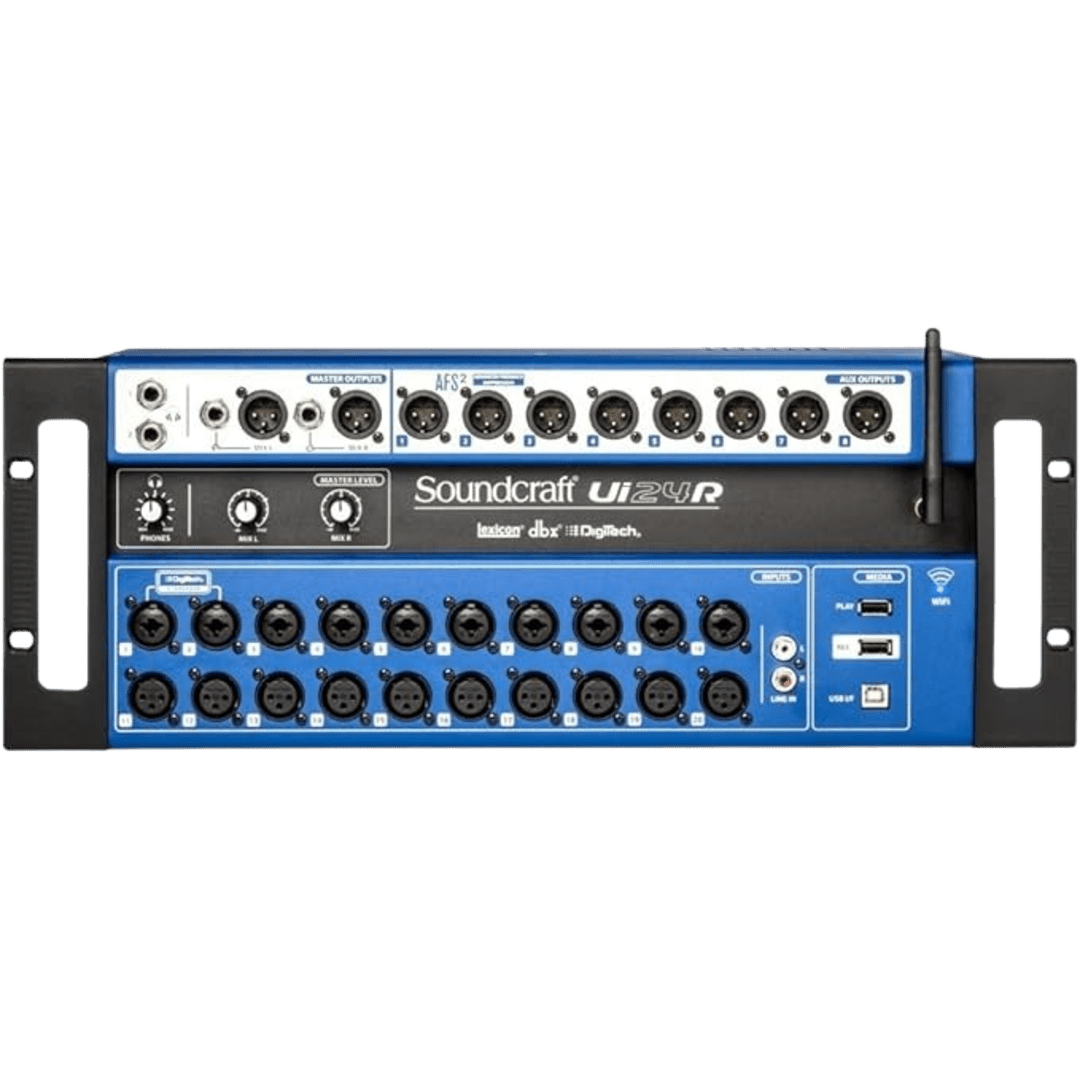 Soundcraft Ui24R Rack-Mountable Laptop or Tablet-Controlled, 24 input Digital Audio Mixer with onboard Signal Processing. Blue and Gray