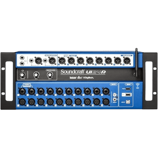 Soundcraft Ui24R Rack-Mountable Laptop or Tablet-Controlled, 24 input Digital Audio Mixer with onboard Signal Processing. Blue and Gray