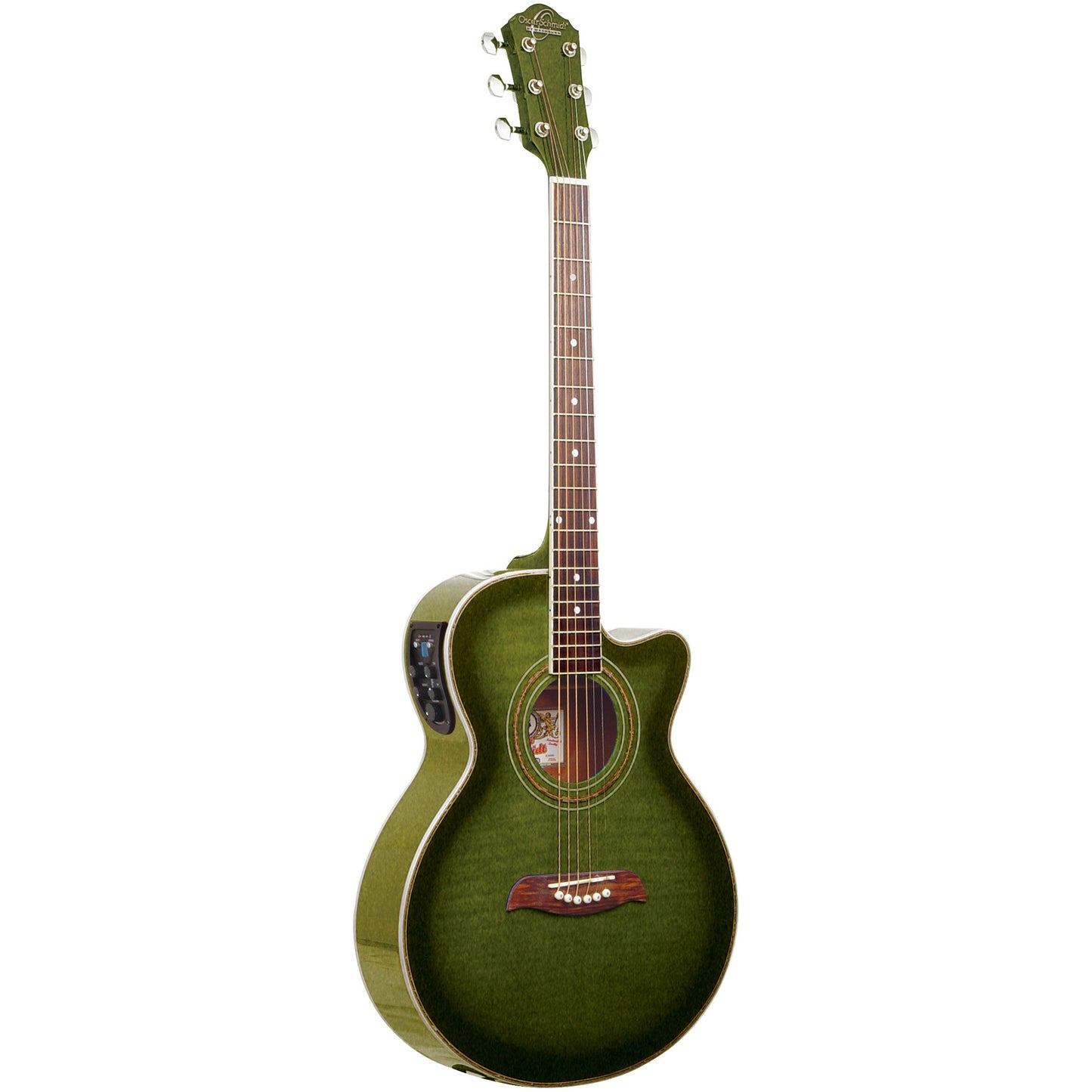 Oscar Schmidt OG10CEFTGR-A Folk Cutaway Acoustic Electric Guitar. Flame Trans Green